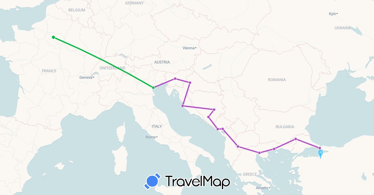 TravelMap itinerary: bus, train, boat in Bosnia and Herzegovina, France, Montenegro (Europe)